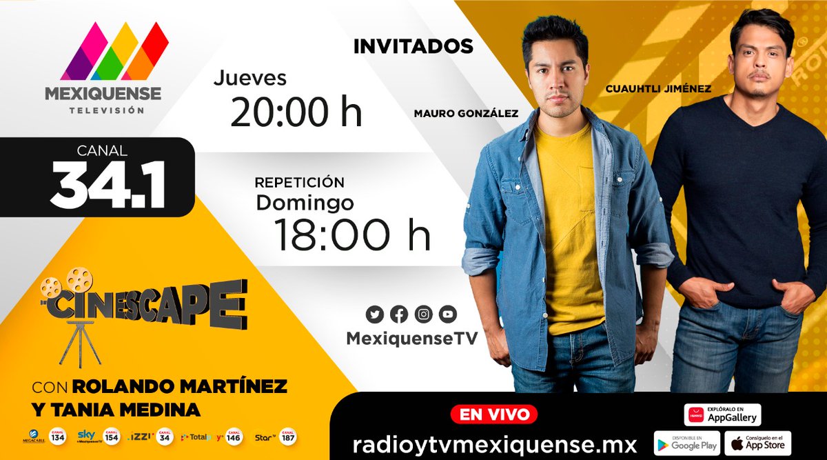 TvCinescape's tweet image. . @tanimed y @rolandocines te invitan al depa de #Cinescape para conocer a dos grandes actores: Mauro González de la película #MalDeOjo y Cuauhtli Jiménez de #QueVivaMéxico. 
¡Corre por las palomitas! 🍿🎥

Hoy 8:00 p.m. Canal 34.1 de @MexiquenseTV.
#ConéctateConMexiquense.