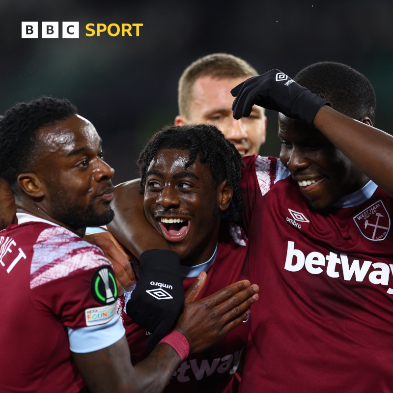BBCSport's tweet photo. A brace from Bowen, a maiden goal for teenager Mabuma and a long-awaited Scamacca strike saw them ease past AEK Larnaca in East London โต โฉ
#BBCFootball #UECL #WHULAR