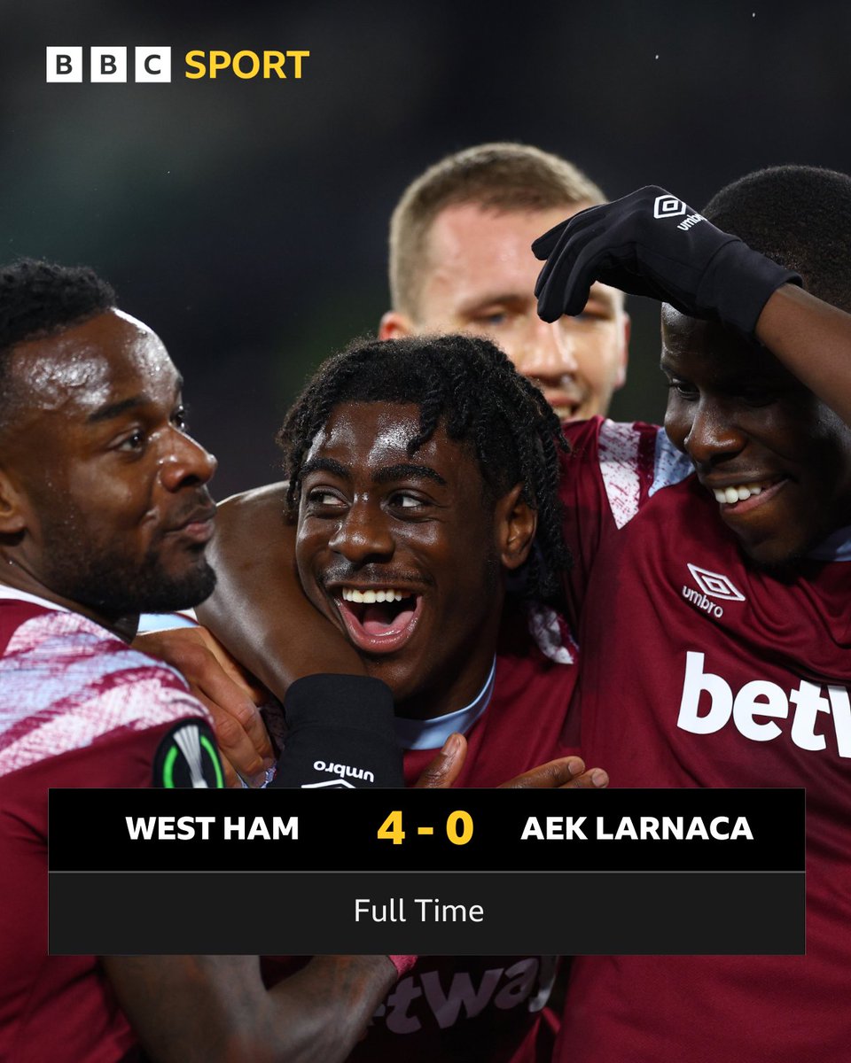 BBCSport's tweet photo. A second successive European quarter-final for David Moyes' side ๐๐๏ธ
#BBCFootball #UECL #WHULAR https://t.co/bKNr1Qrj8V