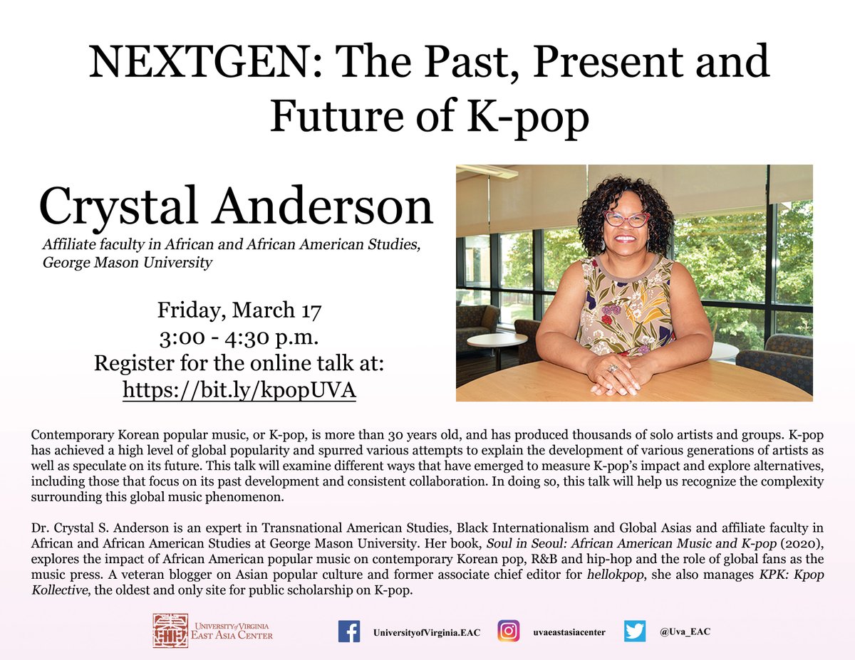 Lucky🍀day tomorrow:🎵#KPOP🎵 w/Crystal Anderson before your St. Patty celebrations!
3-4:30 pm
Online here: bit.ly/kpopUVA

@GlobalUva @AynneKokas <a href="/mediastudies/">UVA Media Studies</a> <a href="/UVA/">UVA</a> 
#Korea #Music