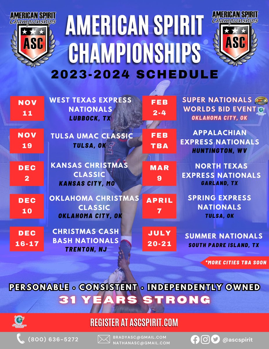 ASCSPIRIT's tweet photo. We’d love to have you at ASC next season🌟 2 Events of Choice + Super Nationals for $195/athlete! 

*More new cities TBA soon. 

#ascspirit https://t.co/WOwQWSRxeh