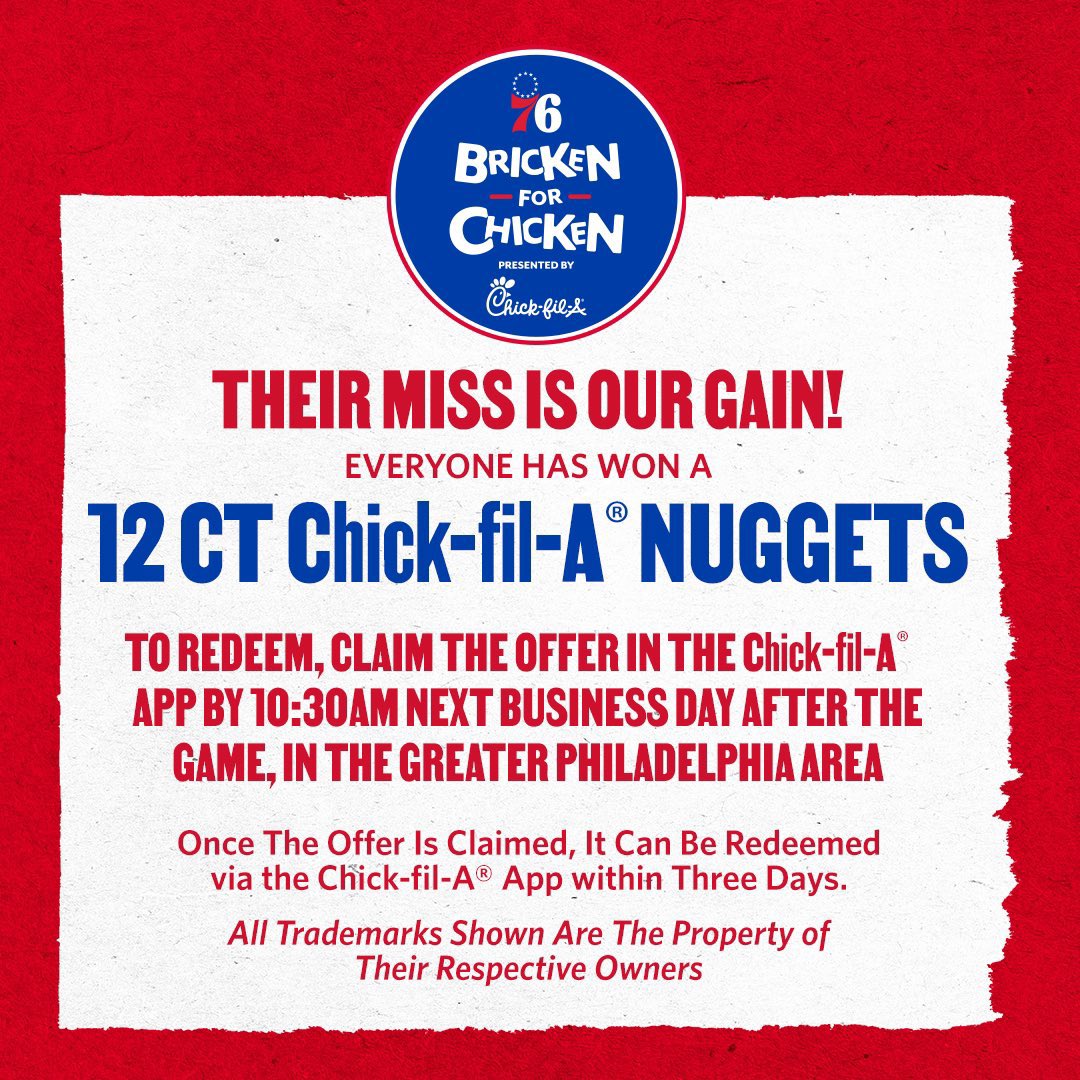 Nathan_smith02's tweet photo. An example of a value-added promotion that immediately came to mind was the Sixers partnership with Chick-Fil-A. If a player on the opposing team misses two free throws in the second half than each fan receives a free 5-piece nugget from Chick-Fil-A. 
#SRM3224 https://t.co/F6xknfPVGj
