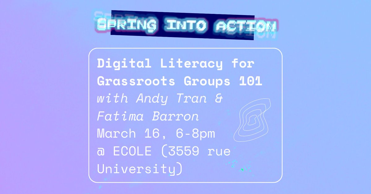 Looking forward to facilitating a 101 workshop on Digital Literacy for Grassroots Groups this evening with <a href="/SixthHead/">andy</a> for <a href="/qpirgmcgill/">QPIRG McGill</a>'s Spring into Action week.