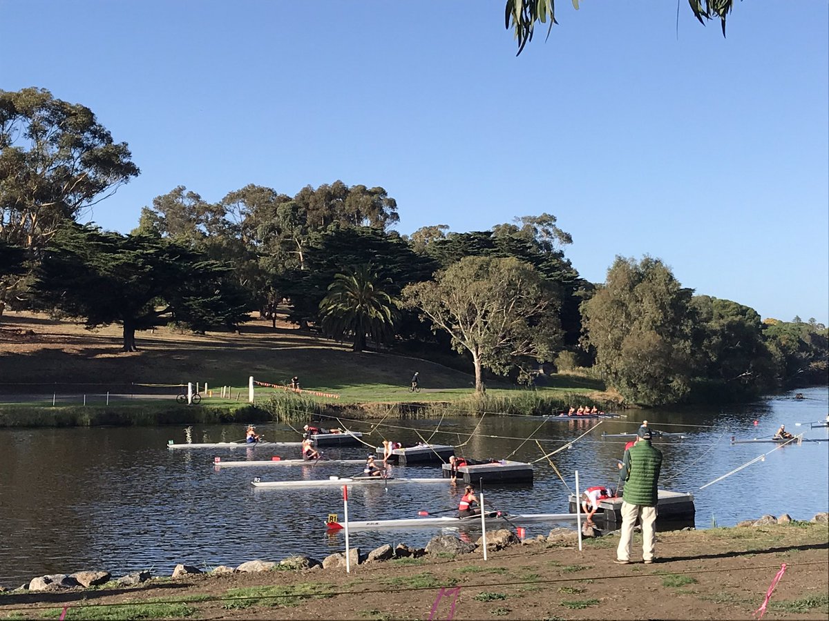 RowingGeelong's tweet photo. New 1500m starting pontoons in action on a perfect morning for rowing on day 1 of the Head of the Schoolgirls. #rowing #geelong #rowinggeelong #barwonriver #HOSG2023 https://t.co/BI1wPxk7lK