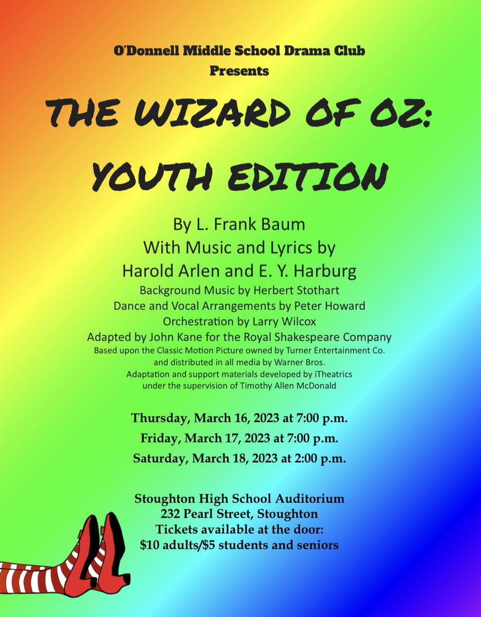 “There’s no place like home!” Come to SHS to see our OMS Drama Club production of The Wizard of Oz. Tonight &amp; Tomorrow @ 7pm, Saturday @ 2pm