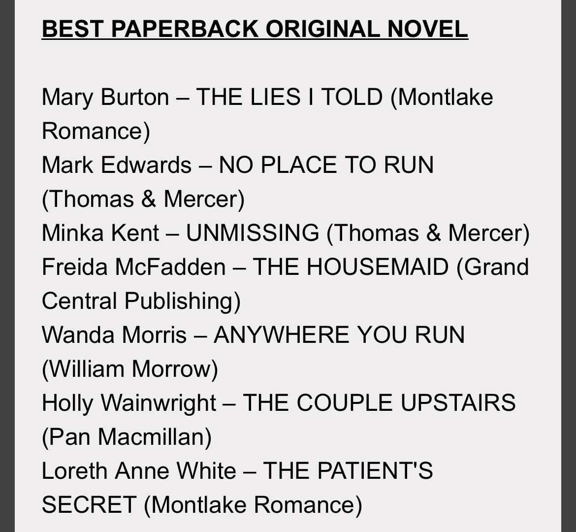 mredwards's tweet photo. Absolutely thrilled to be shortlisted for an ITW @thrillerwriters Thrillerfest Award. My first ever international awards nomination! Good luck to all of us on the list. https://t.co/rROszeZuFM