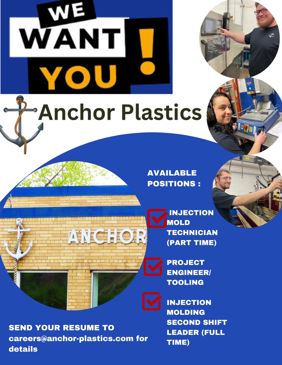 Happy Thursday everyone, hope everyone is enjoying their day. Anchor Plastics is hiring for the positions below. You can also apply on lnkd.in/gQBSe6yE , email your resume to careers@anchor-plastics.com, or PM us. Come be apart of our family! 🤗 #hiring #resume #careers
