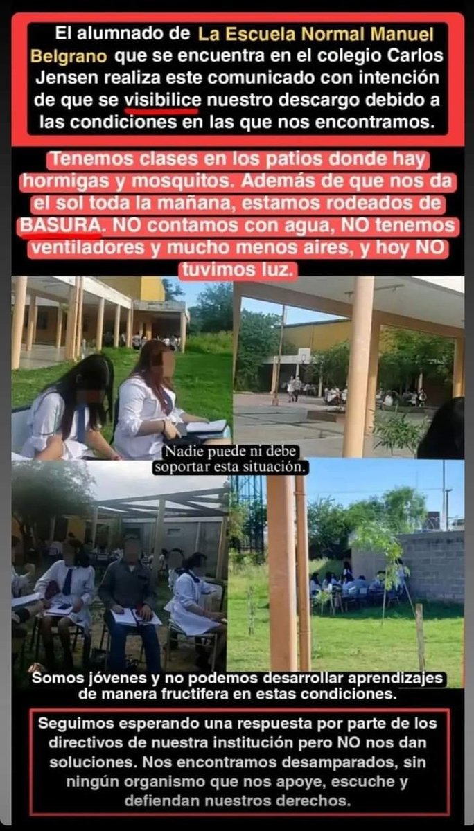 RT para difundir. Gracias!!🙏🙏🙏

Es de público conocimiento que la Esc. Normal Superior Gral. Manuel Belgrano se encuentra reparando sus instalaciones y debido a tal situación el alumnado está dividido por años y niveles en diferentes establecimientos educativos de Santiago.