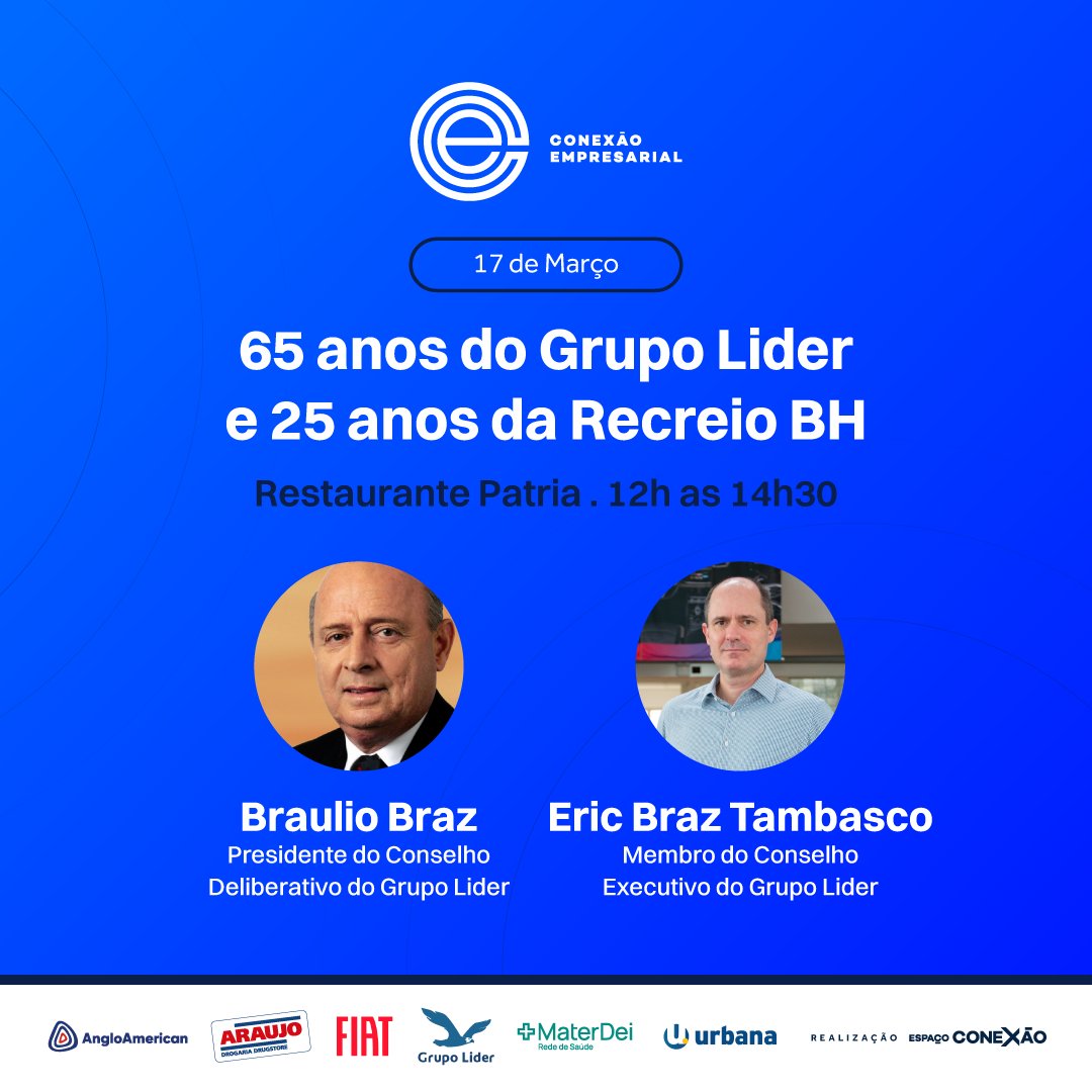 VIVER_BRASIL's tweet photo. Eleve o nível da sua empresa com as conexões mais importantes! No dia 17 de Março, o Conexão Empresarial convida você para um almoço no Restaurante Pátria para celebrar 65 anos do Grupo Lider e 25 anos da Recreio BH
Mas atenção: essa é nossa ÚLTIMA chamada
https://t.co/eTNYSzhbEs https://t.co/R7c1SlJ4a6