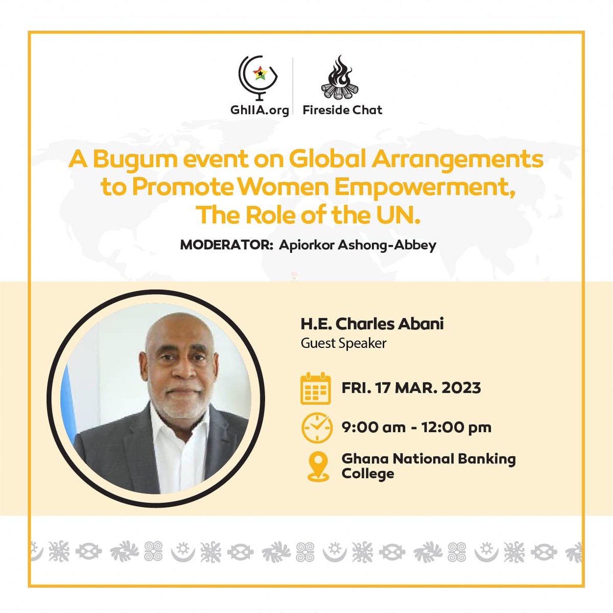 gh_iia's tweet photo. One of the topics that would be discussed during our Bugum-Fireside chat series tomorrow would be the 
 role of UN in especially women Emancipation in Ghana and Africa.  
Use this link to read more https://t.co/8kQwh5Gna5. https://t.co/T2cKmEICsd