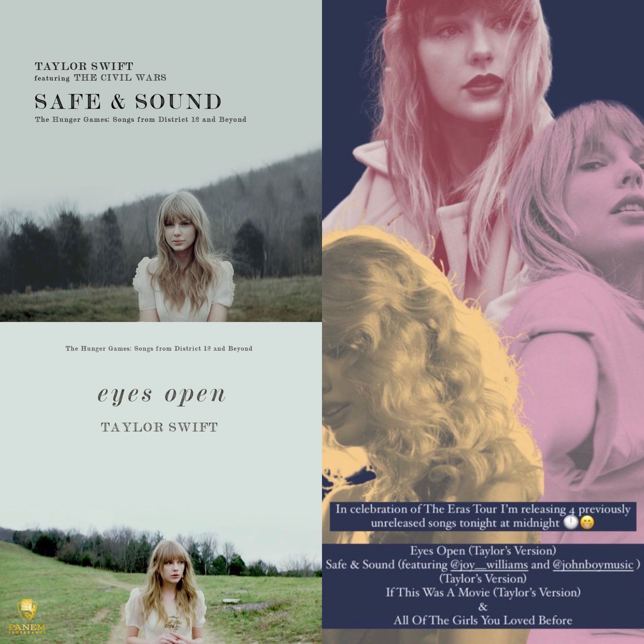The Hunger Games: The Ballad of Songbirds and Snakes on Instagram: At  midnight (EST), Taylor Swift will be rereleasing 'Safe & Sound' and 'Eyes  Open' from the soundtrack of the first movie, 