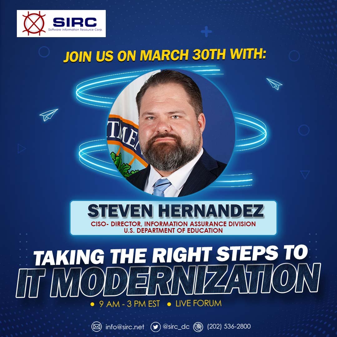 SIRC_DC's tweet photo. Join us on March 30th with Steven Hernandez, CISO-Dept. of Education, as our Keynote Speaker for Taking The Right Steps to IT Modernization. 
Register here https://t.co/EzN6N7UHNQ
#ITPA #RSA #Motorola #Splunk #DepartmentOfEducation #NOAA #DepartmentOfEnergy #DepartmentOfCommerce https://t.co/l8Q89t3hxN