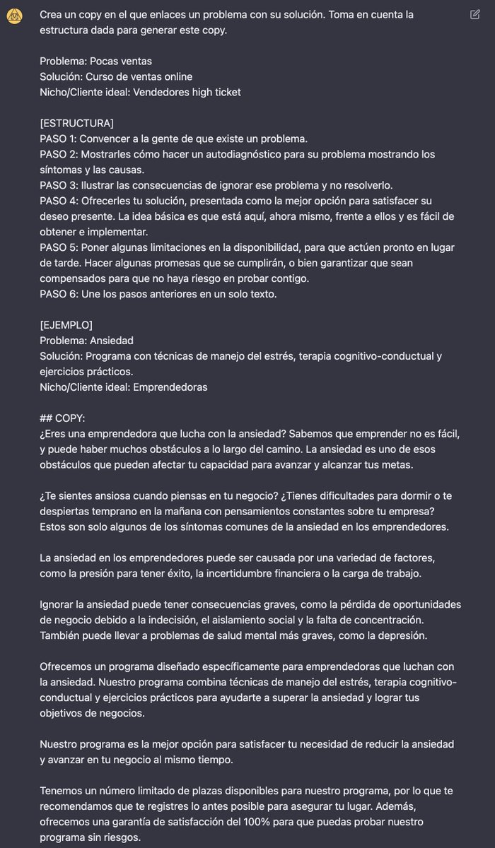 Usa este comando para generar un copy en 5 pasos que:

1. Convenza a tu público de que tienen un problema
2. Les muestre cómo autodiagnosticarse
3. Ilustre las consecuencias de ignorar ese problema
4. Les ofrezca tu solución
5. Use la urgencia para que tomen acción.