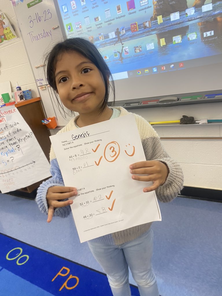 aacook13's tweet photo. Super proud of this girl- after our conference she wanted to make sure she kept practicing 1.NBT.4. This morning she came to me and said she was ready to retake her test & look at that- a 3!! 🎉#standardsmastery @rhandrewselem https://t.co/ReqbjyKAfM