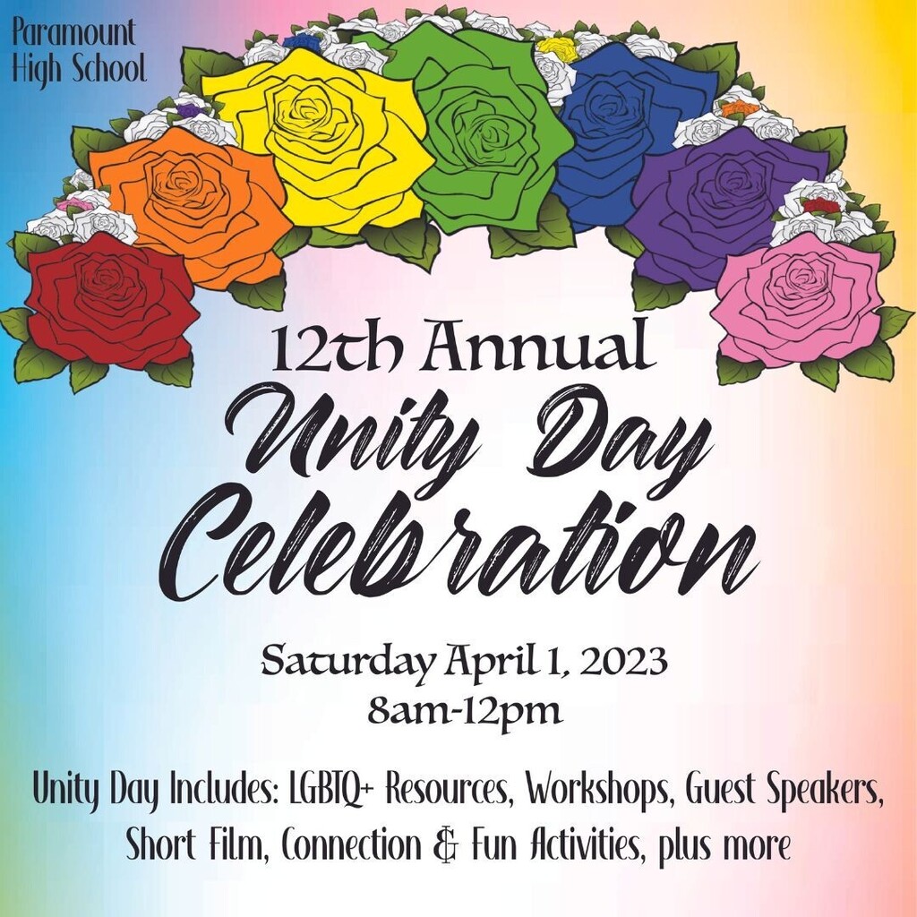 ParamountSenior's tweet photo. Join us at the 12th annual Paramount Unified School District Unity Day at PHS Senior Campus on Saturday April 1, 2023, 8am-12pm. Unity Day includes resources for LGBTQ+ students &amp; Allies, PFLAG Panel, Live Music with singer Irene Diaz, Film Maker Jonatha… https://t.co/vubsvoTep0 https://t.co/VsJVHQWLTF