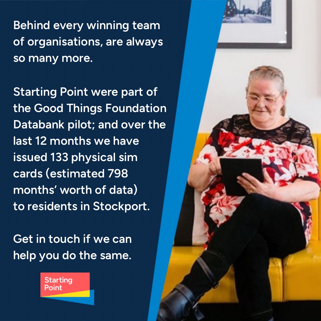 Chuffed to be part of the finalists at #inetworkawards with the #digiknow network. When we talk about improved outcomes those 133 sim cards are supporting individuals in #Stockport to stay connected and thrive. Thanks to the @GoodThingsFdn #databank. Working together works.