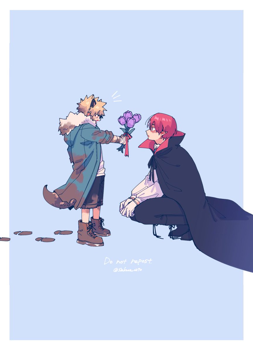 bakugou katsuki ,todoroki shouto multiple boys 2boys male focus flower red hair blonde hair animal ears  illustration images