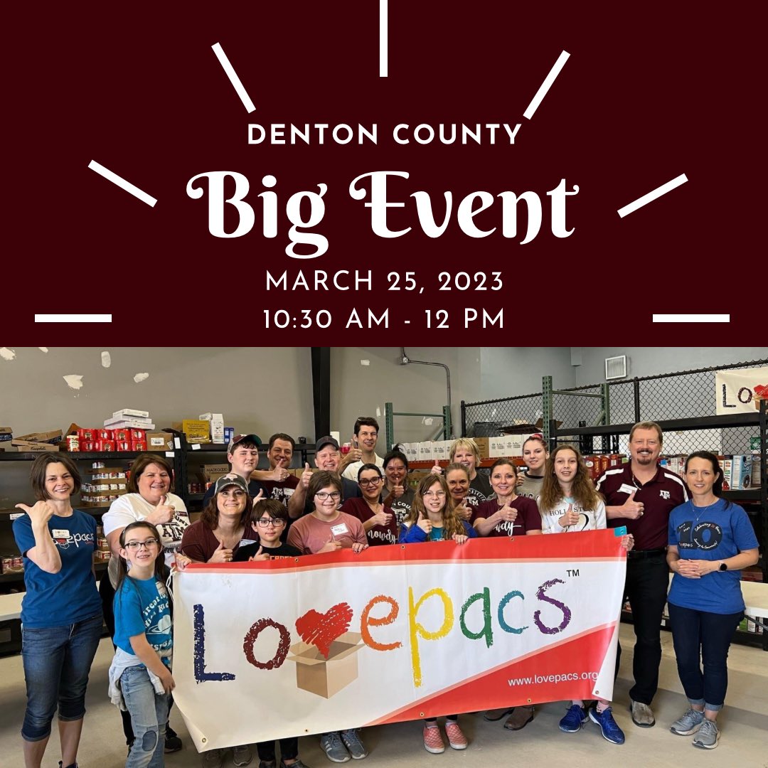dentoncountyags's tweet photo. Join the Denton County A&amp;M Club for our annual Big Event with @lovepacslewisville on March 25th. Register with the link below:
https://t.co/E20h9jzEcw https://t.co/vOUhvgUBWJ