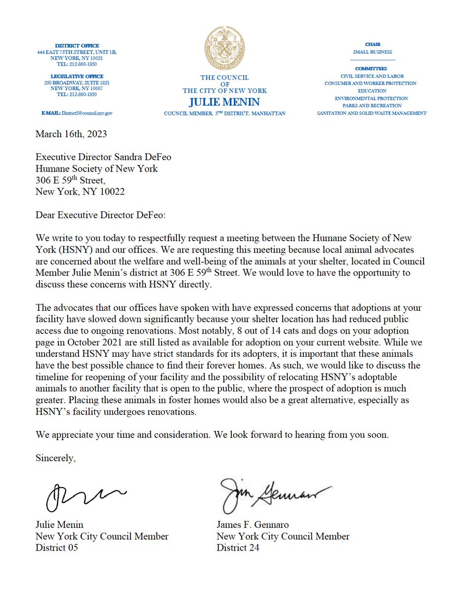 theirturn's tweet photo. Significant development in the campaign to help the animals languishing in cages at the Humane Society of New York (HSNY), which has been closed to the public for 3 years. Today, the NYC Council Member whose district includes the HSNY, @JulieMenin, sent a letter to the shelter's Director, Sandra DeFeo, expressing concern about #AnimalWelfare and asking for a meeting. The letter is co-signed by Council Member @JimGennaro whose office has also received calls from concerned NYers. cc: @ASPCA @OfficialBPeters @BroadwayBarks @official_orfeh @HsuTV @WilliamBerloni @MayorsAlliance @tamronhall