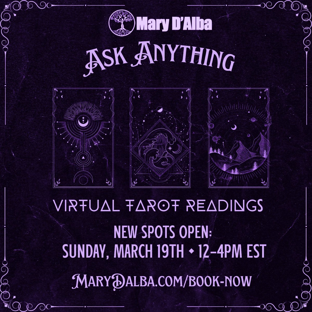Ever considered a tarot reading?  Had a reading but still need more?  Did you know I offer virtual readings? You can ask anything. 

New time slots are open THIS SUNDAY, March 19th, from 12 to 4pm EST.

To book, visit: MaryDAlba.com/book-now