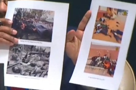 MayWongST's tweet photo. #Myanmar civilian #UN representative @KyawTun62907405 shows pictures of latest murder of more than 20 people in Southern #Shan state, said to be done by #military, to show UN "how serious the situation in Myanmar is". https://t.co/nUMLlgcnnC #WhatsHappeningInMyanmar 1/4 https://t.co/5vUmwz0r3h