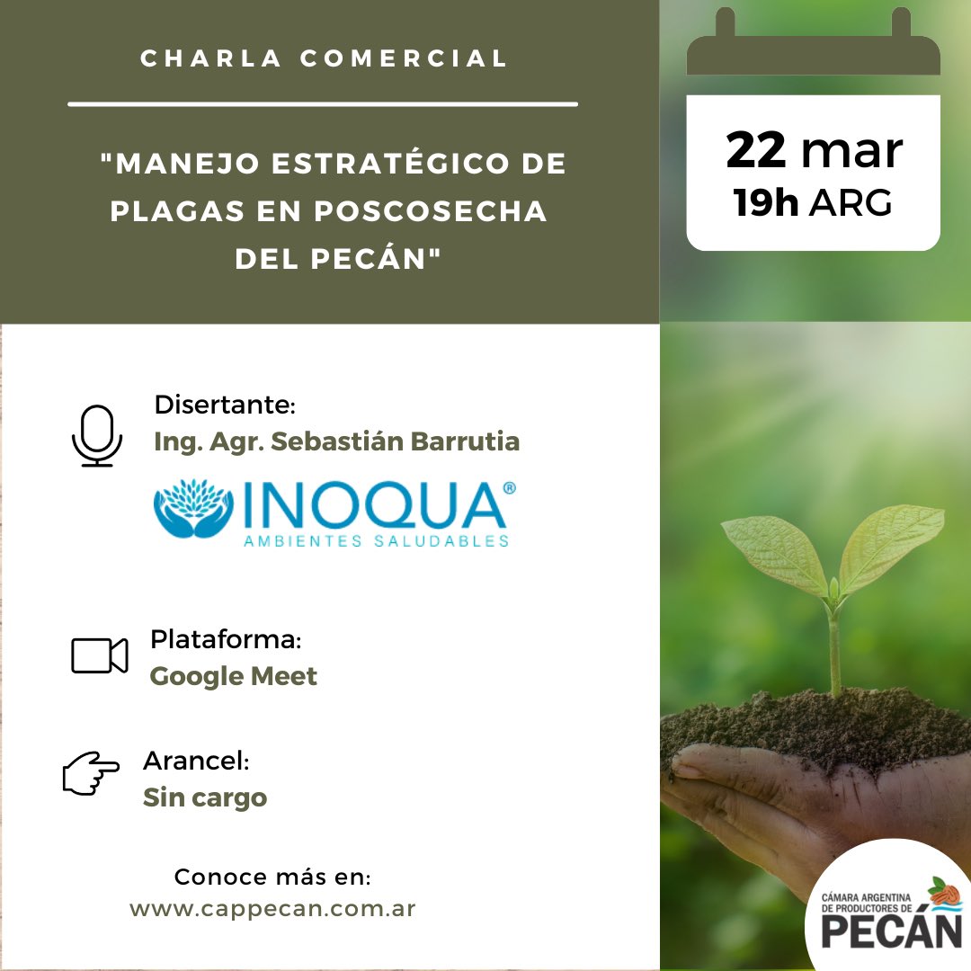 Los invitamos a una nueva charla sobre “Manejo estratégico de plagas en poscosecha de pecán” que brindará el Ing. Agr. Sebastián Barrutia de INOQUA S.A. Ambientes Saludables. 
🗓️ 22/3 a las 19hs🇦🇷
👉inscribite acá forms.gle/umjFjWp3YED6ha…