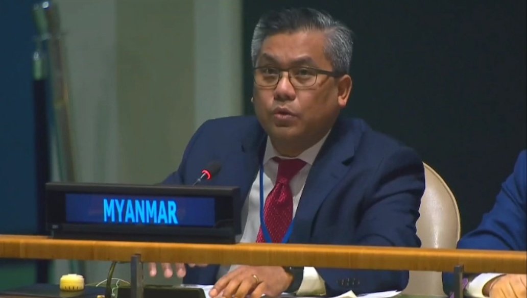MayWongST's tweet photo. #Myanmar's #UN rep @KyawTun62907405 says "Myanmar's now at a critical crossroad towards 2 very different futures. 1 is permanent #military dictatorship with total impunity". Other is "a future Myanmar people want &amp; are fighting for" - a democracy. #WhatsHappeningInMyanmar 3/4 https://t.co/Rokh9ZOWYk