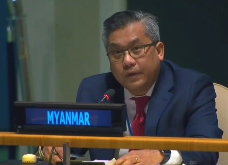 MayWongST's tweet photo. #Myanmar #UN rep @KyawTun62907405 says a "band-aid fix is never an answer", urging global community again to help Myanmar as "it's not about choosing 1 political system over another. It's about addressing the key threat to regional peace &amp; security". #WhatsHappeningInMyanmar 4/4 https://t.co/3ArxQcJYR3