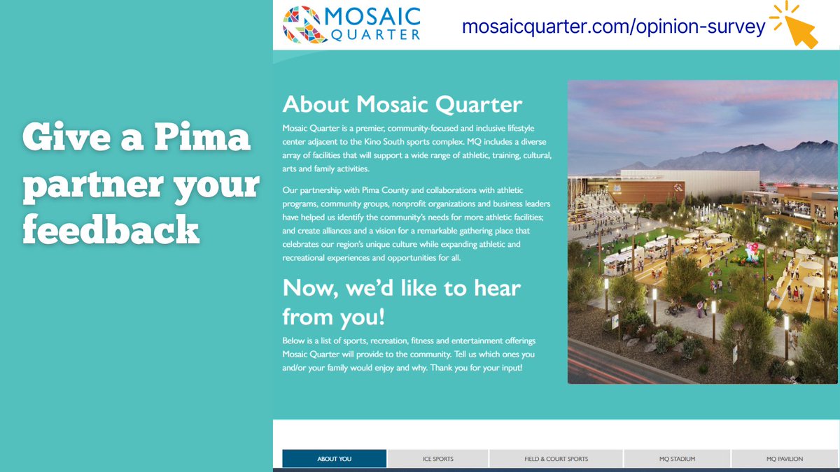 pimatweets's tweet image. #pimacommunitycollege partner Mosaic Quarter has opened a public survey to get feedback on your programming interests - sports, entertainment, fitness, etc.: mosaicquarter.com/opinion-survey
#pimaccworkforce #pimahospitality #pimaculinary #pimabct #pimabusiness #pimaradtech
