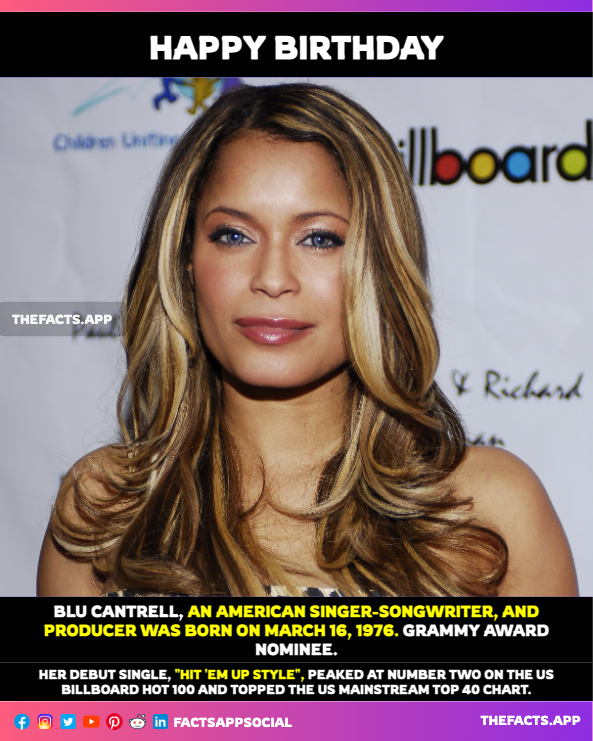 factsappsocial's tweet photo. #OnThisDay #DidYouKnow #BluCantrell, American singer-songwriter and producer was born on March 16, 1976. Her debut single, "#HitEmUpStyle", peaked at number 2 on the US Billboard Hot 100 and topped the US Mainstream Top 40 chart. #breathe 

https://t.co/51ADkg3jgr https://t.co/qdwb0kWCK2