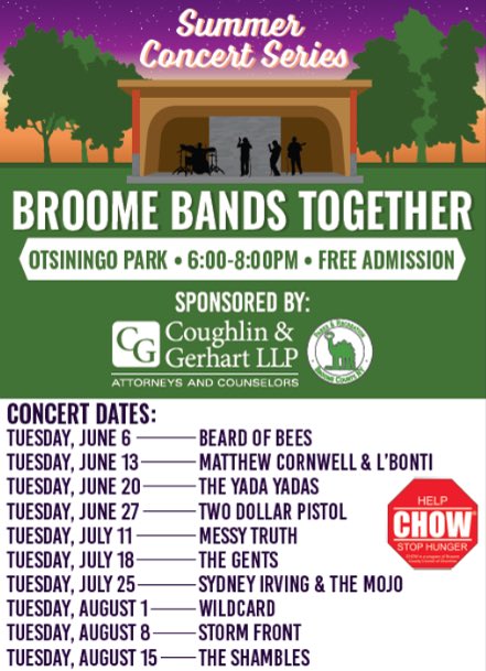 Broome County Parks (@broomecoparks) on Twitter photo Spring is right around the corner and you know what that means? Broome Bands Together FREE Summer Concert Series IS BACK! Thank you to our generous sponsor <a href="/CoughlinGerhart/">Coughlin & Gerhart, LLP</a> for making this amazing event possible! See you in 82 days at Otsiningo Park! 🎸 ☀️ 🎶 Spring is right around the corner and you know what that means? Broome Bands Together FREE Summer Concert Series IS BACK! Thank you to our generous sponsor <a href="/CoughlinGerhart/">Coughlin & Gerhart, LLP</a> for making this amazing event possible! See you in 82 days at Otsiningo Park! 🎸 ☀️ 🎶