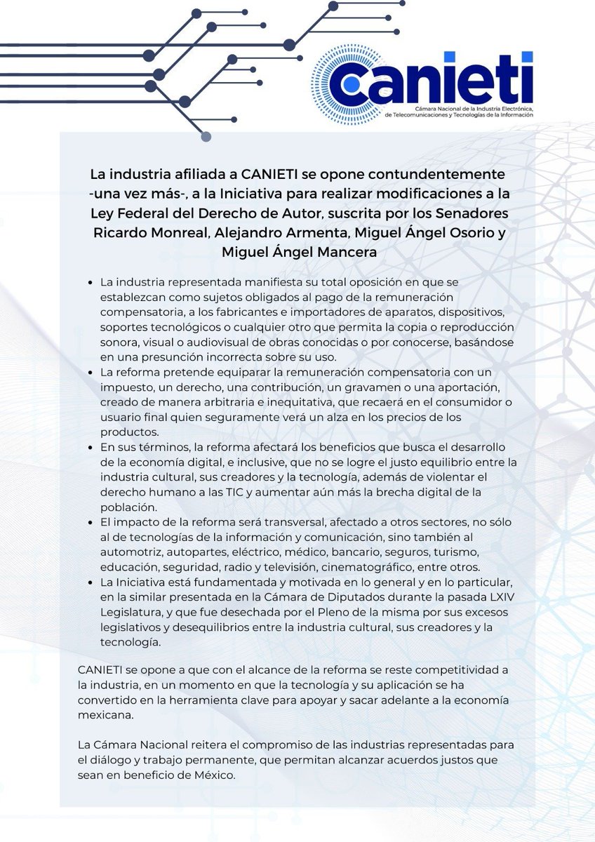 CANIETI ratifica el posicionamiento en contra de la iniciativa de #remuneracióncompensatoria por copia privada. Esta medida ya ha sido desechada en diversas Legislaturas por excesos legales. Posicionamiento completo👉 bit.ly/3JcimL3 No al #MocheDigital