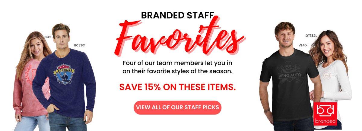 Save 15% on Our Staff Favorites! - Shop our picks for Spring and Save 15% until 4/15. brandedscreenprintingstore.com/branded_screen…
