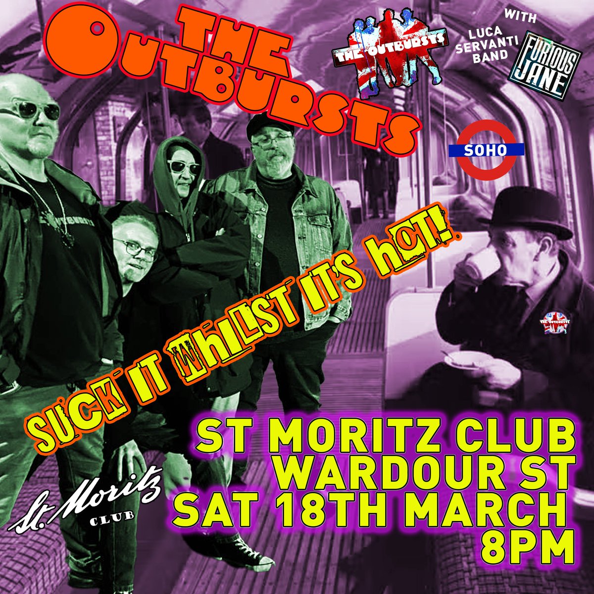 <a href="/RealOutbursts/">The Outbursts</a> wet their lips Saturday 18th March 8pm at the <a href="/StMoritzClubW1/">St. Moritz Club</a> to provide you refreshment with Furious Jane &amp; Luca Servanti Band
Pour the best up your tube this weekend!
wheel-tappers.com
#londonunderground #punkrock #rockmusic #upcominggigs #livemusic #soho