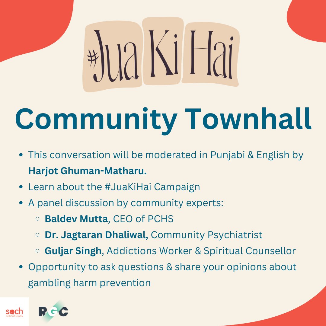 COMMUNITY TOWNHALL!
Come join us to discuss gambling harm in the Punjabi Community. Click the link to register. 

eventbrite.com/e/south-asian-…