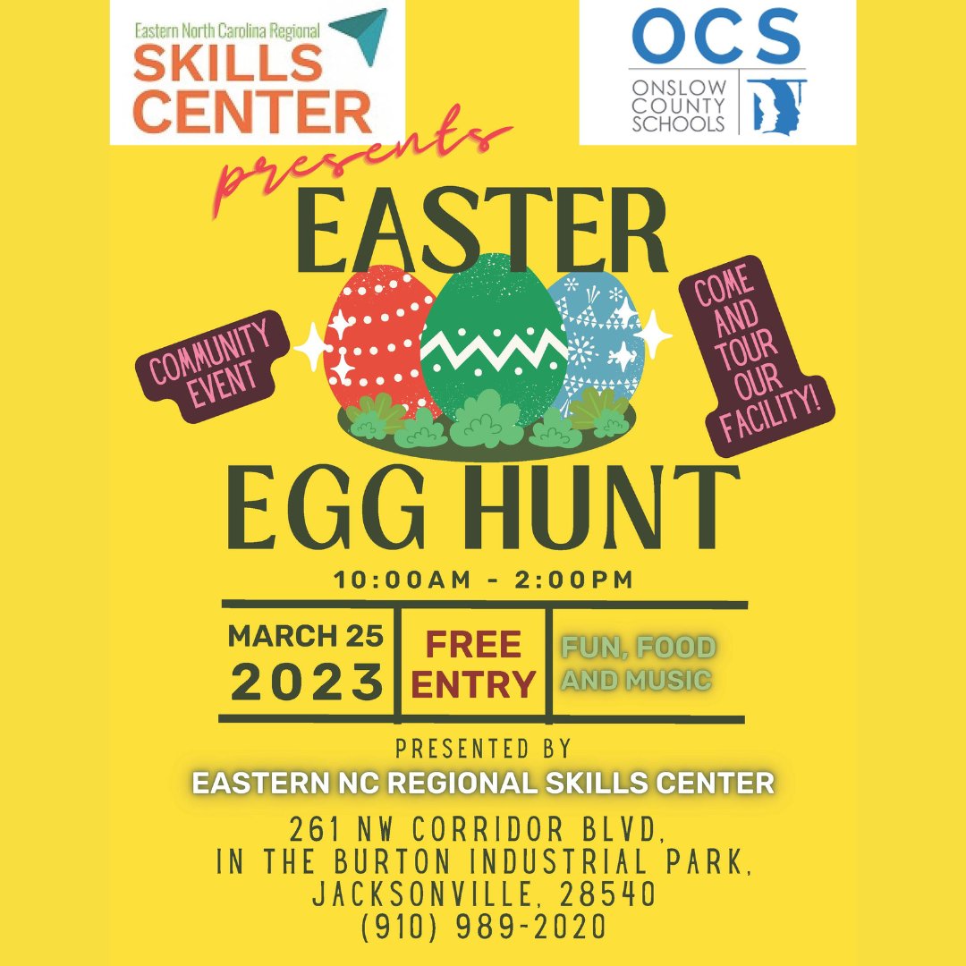 Join us Saturday, March 25 at the Eastern North Carolina Regional Skills Center for a free community egg hunt! Enjoy some family fun and take a tour of our district's career and technical education facility!