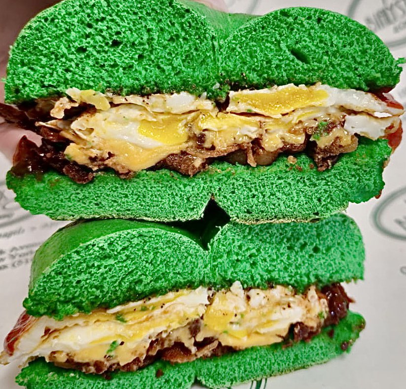 Bacon Egg &amp; Cheese! Green Bagels For St. Patrick’s Day Available Today, Friday and Saturday! Pre-order available if looking to purchase by the dozen as we have a limited amount! #bec #baconeggandcheese #longbeachnewyork