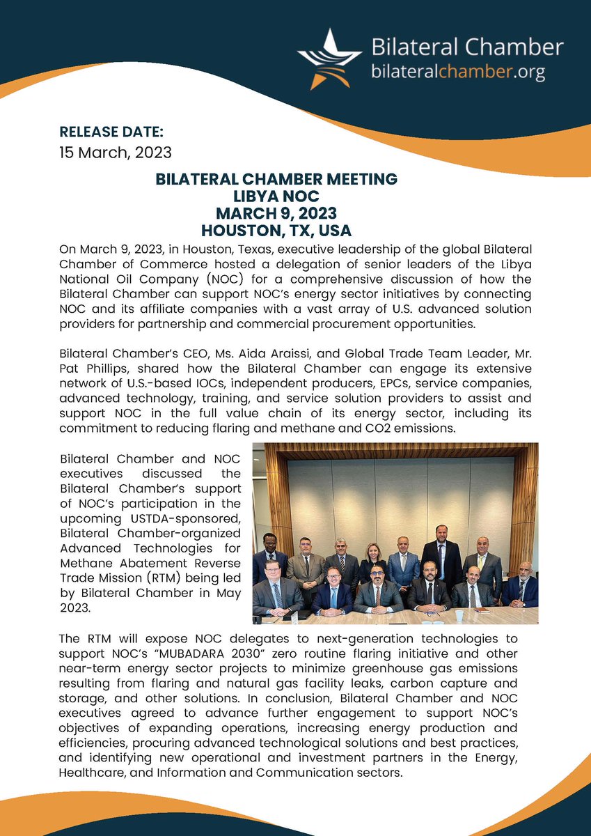 Bilateral Chamber (@bilateralchmbr) on Twitter photo Bilateral Chamber leadership hosted a delegation of senior leaders of the Libya National Oil Company (NOC) for a comprehensive discussion of how we can support NOC’s #energy sector initiatives. <a href="/NOC_Libya/">National Oil Corporation المؤسسة الوطنية للنفط</a> <a href="/USEmbassyLibya/">U.S. Embassy - Libya</a> #methaneabatement #energytransition Bilateral Chamber leadership hosted a delegation of senior leaders of the Libya National Oil Company (NOC) for a comprehensive discussion of how we can support NOC’s #energy sector initiatives. <a href="/NOC_Libya/">National Oil Corporation المؤسسة الوطنية للنفط</a> <a href="/USEmbassyLibya/">U.S. Embassy - Libya</a> #methaneabatement #energytransition