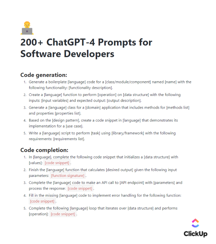 ChatGPT-4 was released a day ago.

But most people don't know how to use it.

I'm giving away a doc containing 150+ prompts for developers.

And for the next 24 hours, it's FREE!

To get it, just:

1. Follow me <a href="/heyOnuoha/">⚡Favor⚡</a> and <a href="/clickup/">ClickUp</a>
2. RT this tweet
3. Reply "GPT"