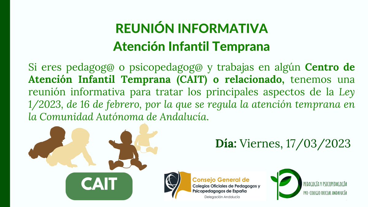 📣📣📣 REUNIÓN

Mañana viernes 17 de marzo tenemos una reunión de trabajo de forma virtual.

¡No puedes faltar! Escríbenos a coapype@gmail.com para enviaros el enlace.

#pedagogia #psicopedagogia #AtenciónTemprana #CAIT #coapype #JuntosSomosMasFuertes #PasionXPedagogia