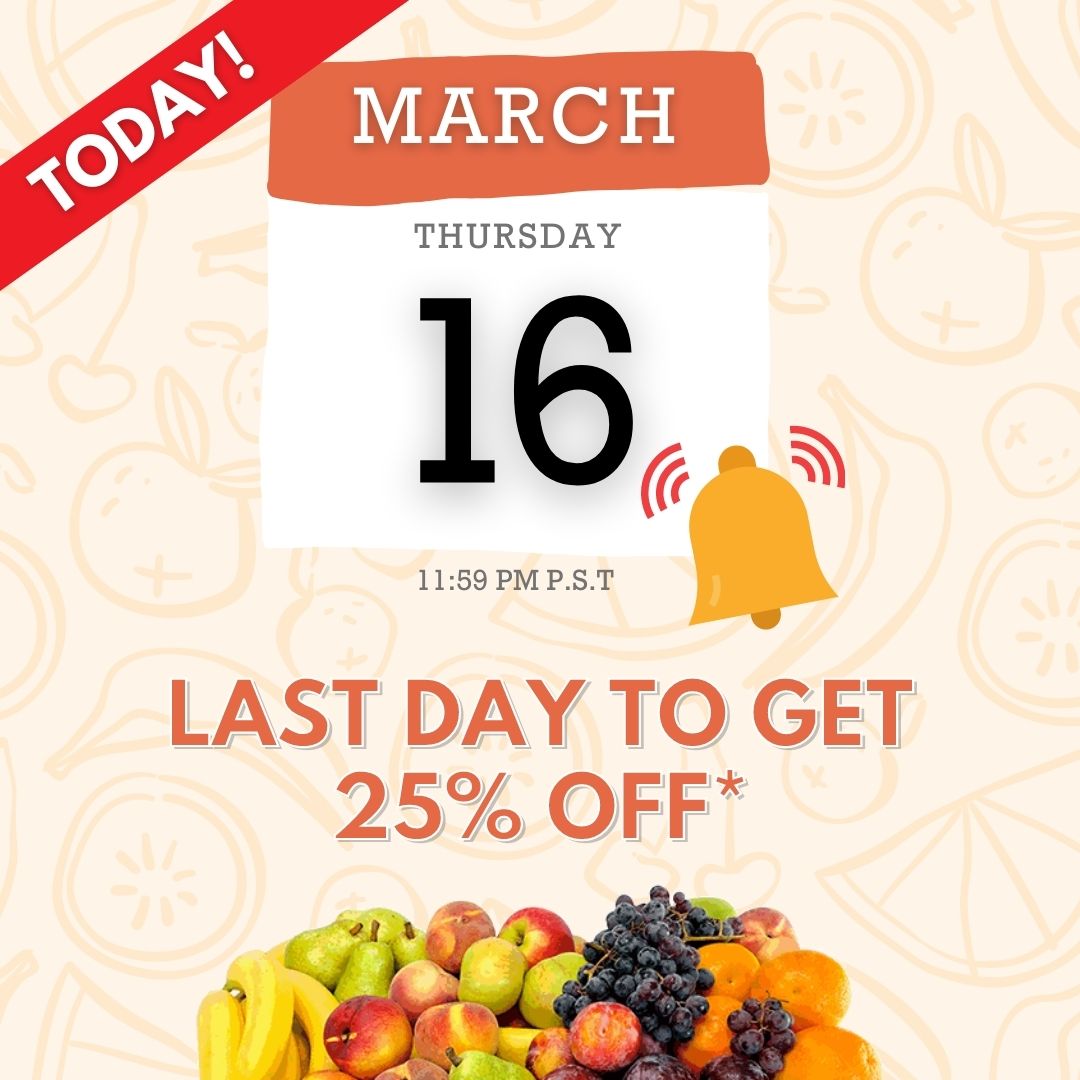 TODAY is the last chance to use code: 25YEARS at checkout to get 25% off the *first delivery of a new recurring order of any large box! 

Order NOW: webportal.fruitguys.com/all-products

#25yearsinbusiness #smallbusiness #familybusiness #bcorp #lastchance