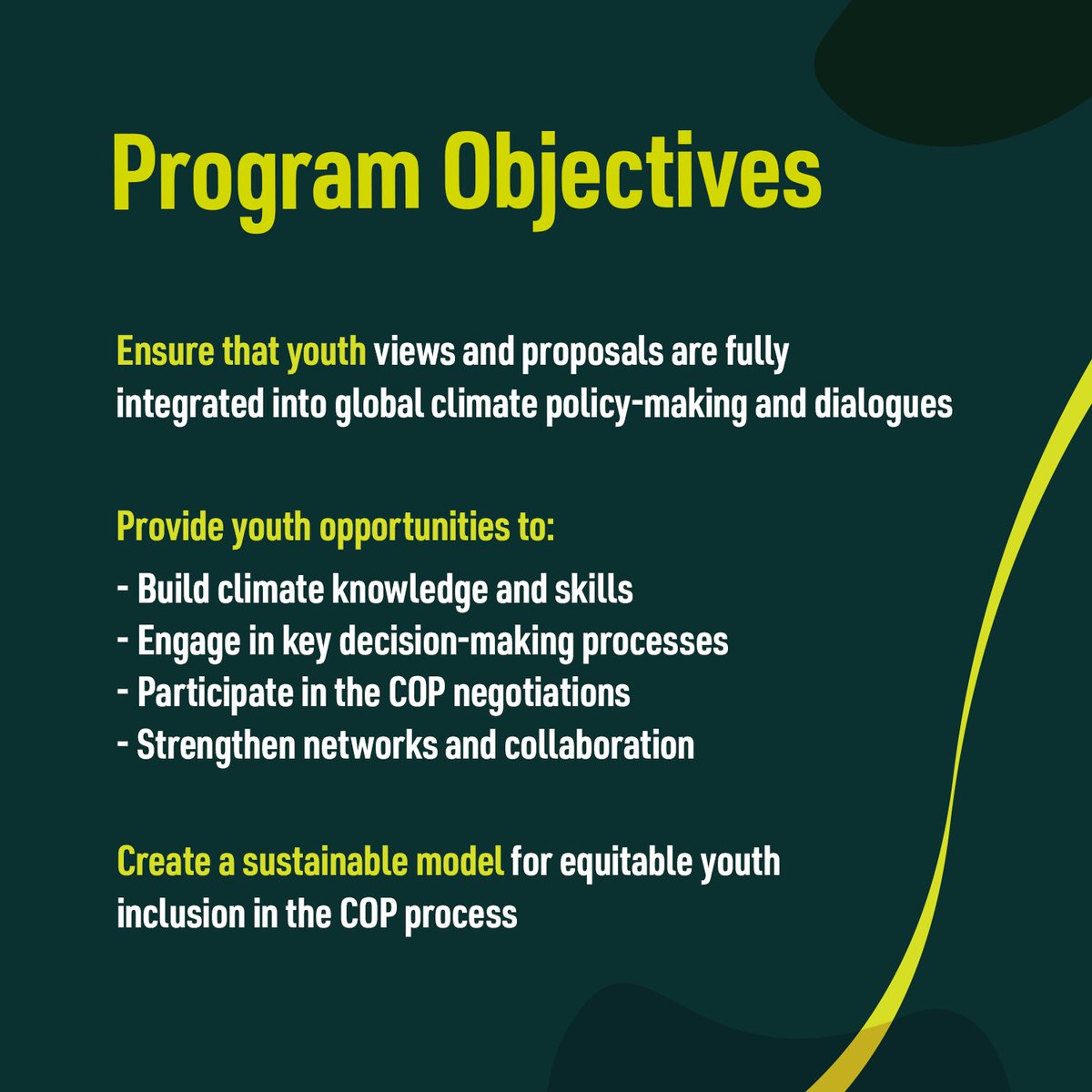 سيتيح برنامج مندوبي الشباب الدولي للمناخ الذي أطلقه مؤتمر الأطراف COP28 بالإمارات بالتعاون مع شبكة YOUNGO، الفرصة لـ 100 شاب للمشاركة في عملية التفاوض بشأن سياسات المناخ الدولية، مع إعطاء الأولوية لمندوبي الدول الأقل نمواً، والدول الجُزرية النامية. #YouthClimateDelegate