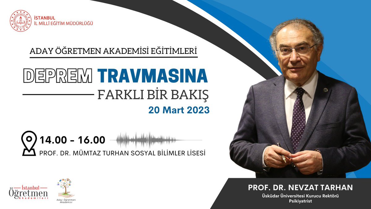 📌Üsküdar Üniversitesi Kurucu Rektörü, Psikiyatrist Prof. Dr. Nevzat TARHAN "Deprem Travmasına Farklı Bir Bakış" adlı seminerde aday öğretmenlerimizle buluşacak..
.
.
<a href="/tcmeb/">Millî Eğitim Bakanlığı</a> <a href="/prof_mahmutozer/">Mahmut Özer</a> <a href="/memleventyazici/">Levent Yazıcı</a> <a href="/istanbulilmem/">İstanbul İl Millî Eğitim Müdürlüğü</a> <a href="/AhmetBrlkkara1/">Ahmet BÜRLÜKKARA</a> <a href="/drnevzattarhan/">Nevzat Tarhan</a>