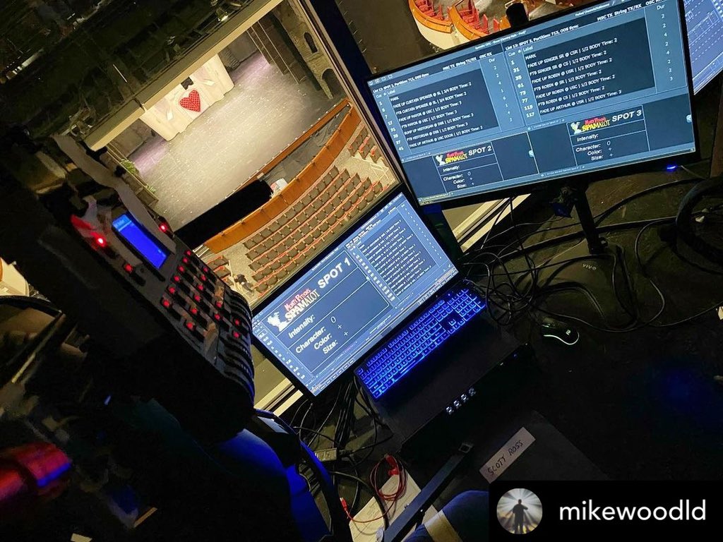 TheRobeWay's tweet photo. High above at the Byers Theater for a #TechThursday ready for the City Springs Theatre production of #Spamalot with Mike Wood & @Robelighting #BMFL with #LightMaster systems from @4Wall in the #lightingdesign created by Dalton Hamilton assisted by WRE Lighting & Mack Scales. https://t.co/BfQZJDGuSu