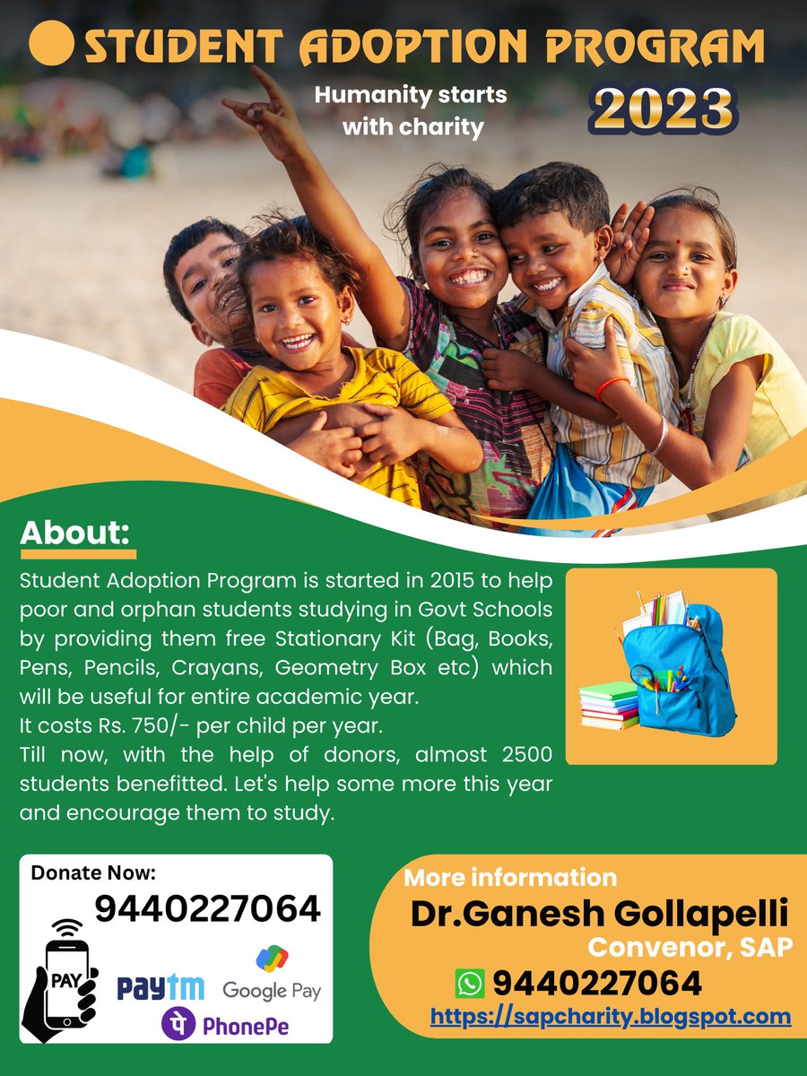 SriRenikunta's tweet photo. Student Adoption Program started by @ganeshdmp in the year 2015 to help poor/orphan students of Govt. Schools. Almost 2500 poor students received stationary kit (bag,books,pens etc).

Each kit costs Rs.750/-

@HiHyderabad  @SahrudayF @DselEduMinistry @EduMinOfIndia @Feedtheneed8 https://t.co/h62ifU00Ef