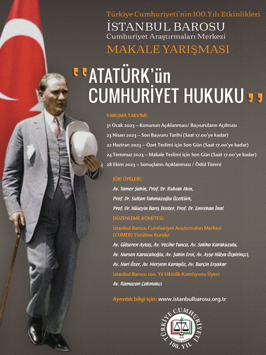 istbarosu's tweet photo. Atatürk ve Laik Cumhuriyet Hukuku Makale Yarışması #istanbulbarosu #CUMER #makaleyarışması  #laikcumhuriyethukuku 
 https://t.co/62ob5ozqpY https://t.co/WrHAvQCfn8