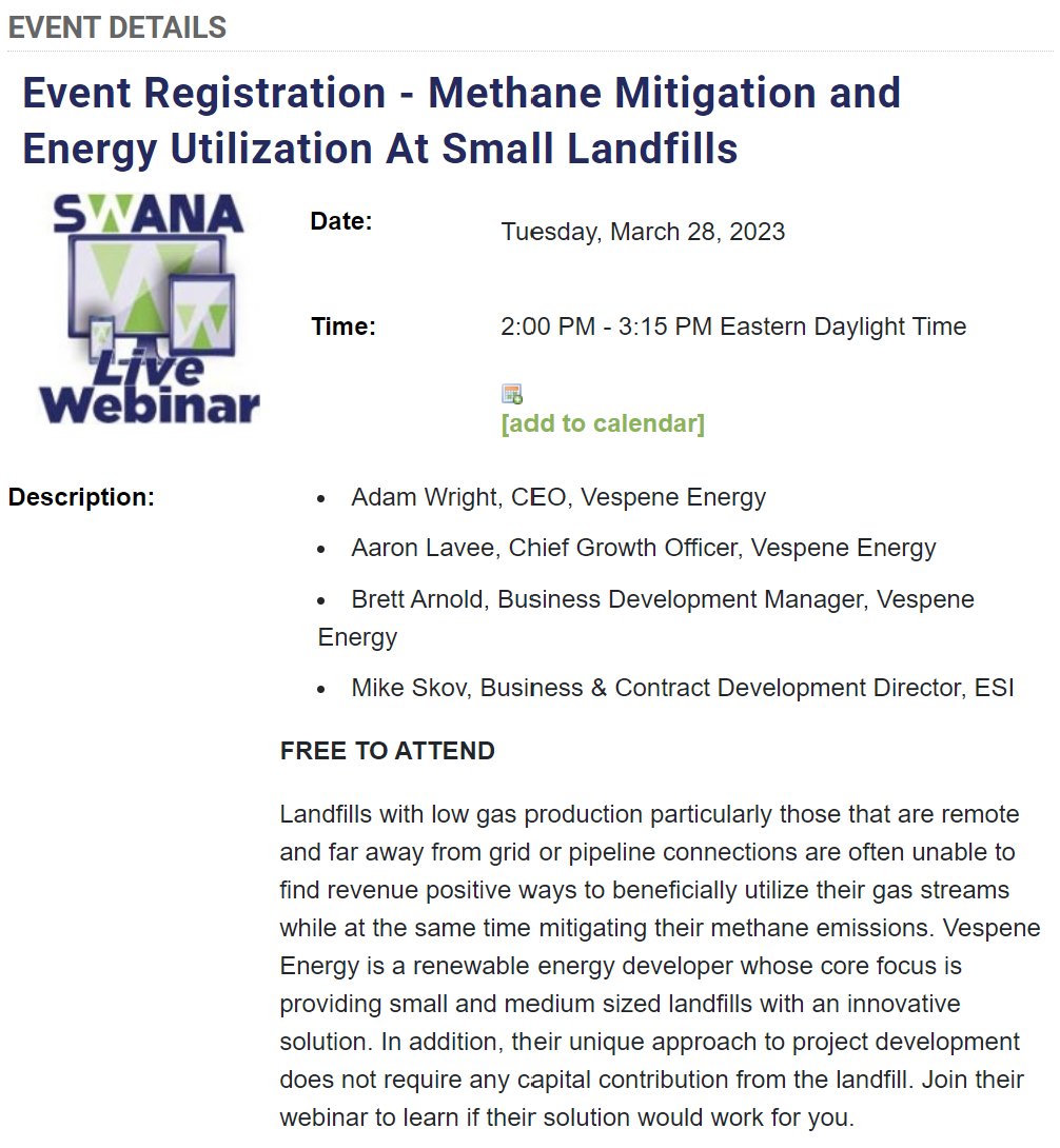 Vespene_Energy's tweet image. Vespene's co-founders @digital_ore and @adlavee are hosting a webinar March 28th on Methane Mitigation &amp;amp; Energy Utilization At Small Landfills, hosted by @SWANA. Landfill owners/operators are encouraged to join and submit questions! Register here: bit.ly/3JIKS7g