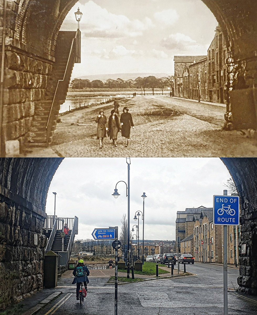 c.1927-2023 Carlisle bridge on St George's Quay in Lancaster you can see the steps to the original walkway across the bridge which Lord Ashton erected around the turn of the 20th century to help his workers who lived on the Skerton side get directly to his Works on the Quay.