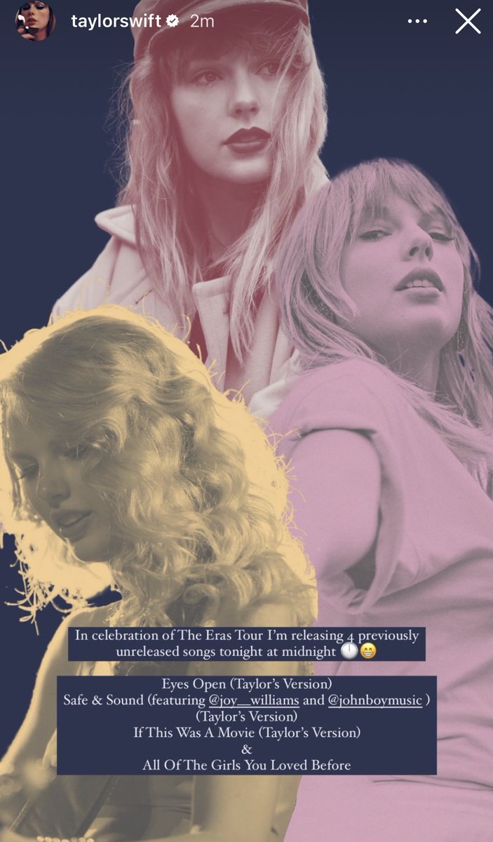 SwiftNYC's tweet image. 🚨 NEW SONG RELEASES AT MIDNIGHT! Taylor Swift announced she’s releasing 4 unreleased songs in celebration of #TheErasTour opening night! 

Eyes Open (Taylor’s Version)
Safe &amp;amp; Sound (Taylor’s Version)
If This Was A Movie (Taylor’s Version)
All Of The Girls You Loved Before