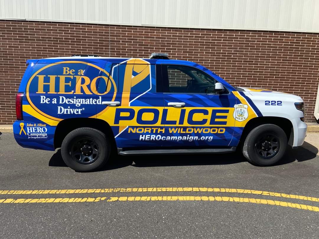 NorthWildwoodPD's tweet photo. We are excited to unveil the latest HERO police cruiser in North Wildwood! These patrol vehicles have been wrapped with the HERO Campaign logo and the life-saving slogan, “Be a HERO. Be a Designated Driver.”  #BeAHERO, #BeADesignatedDriver, #NJDHTS https://t.co/eVnbuPxZQY